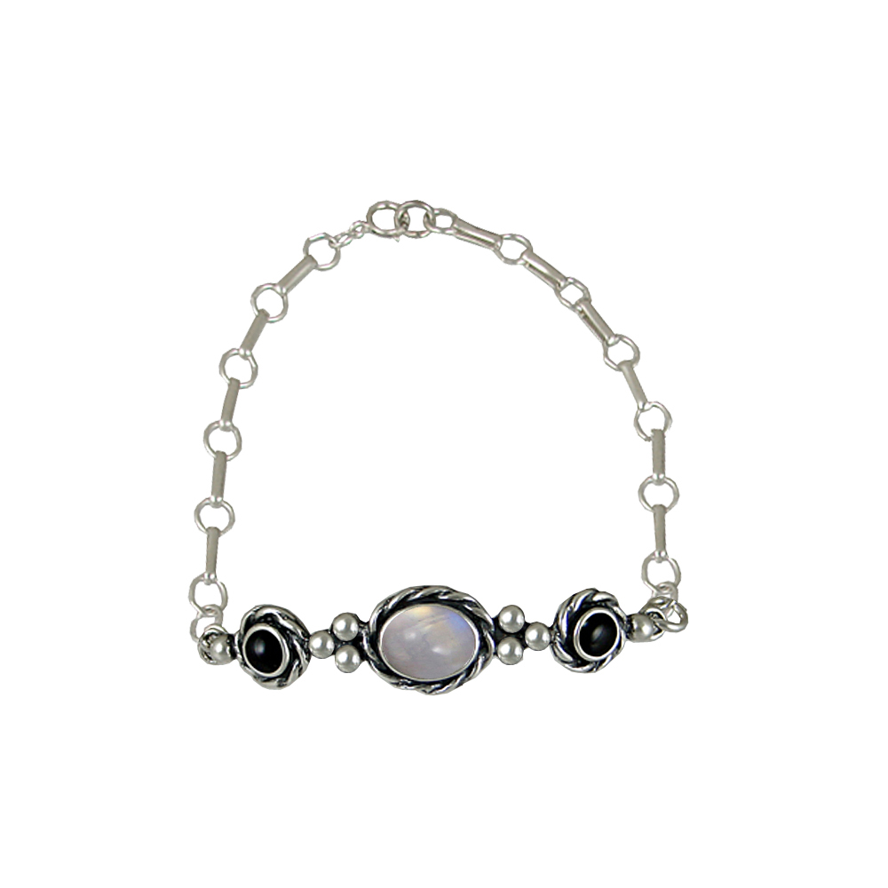 Sterling Silver Gemstone Adjustable Chain Bracelet With Rainbow Moonstone And Black Onyx